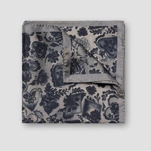 ETON SILK POCKET SQUARE FLORAL DIAMONDS HEARTS SPADES CLUBS DARK NAVY GRAY NWOT